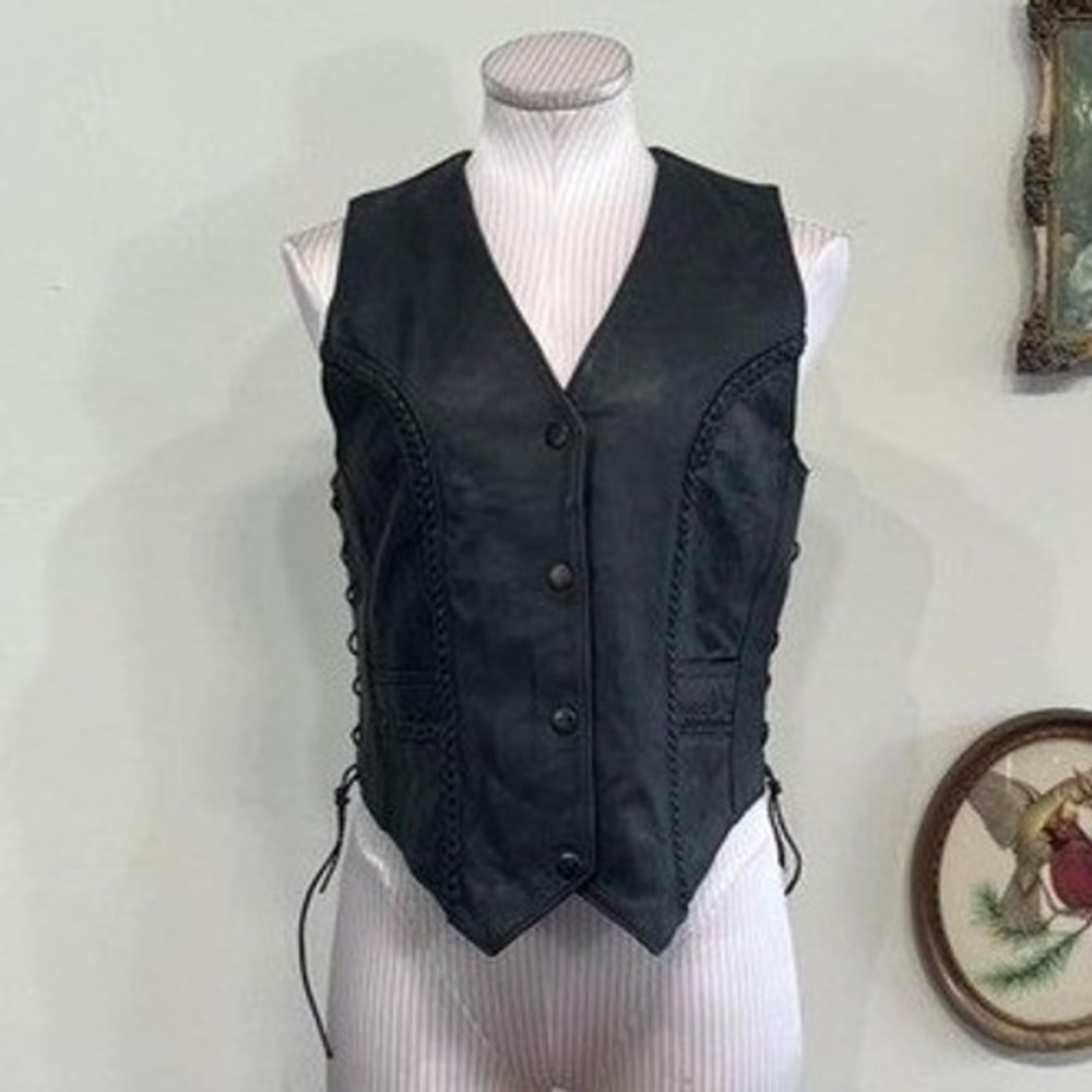 vinatge Dream Apparel Black Leather Biker Vest Braided Trim Side Lace Small‎